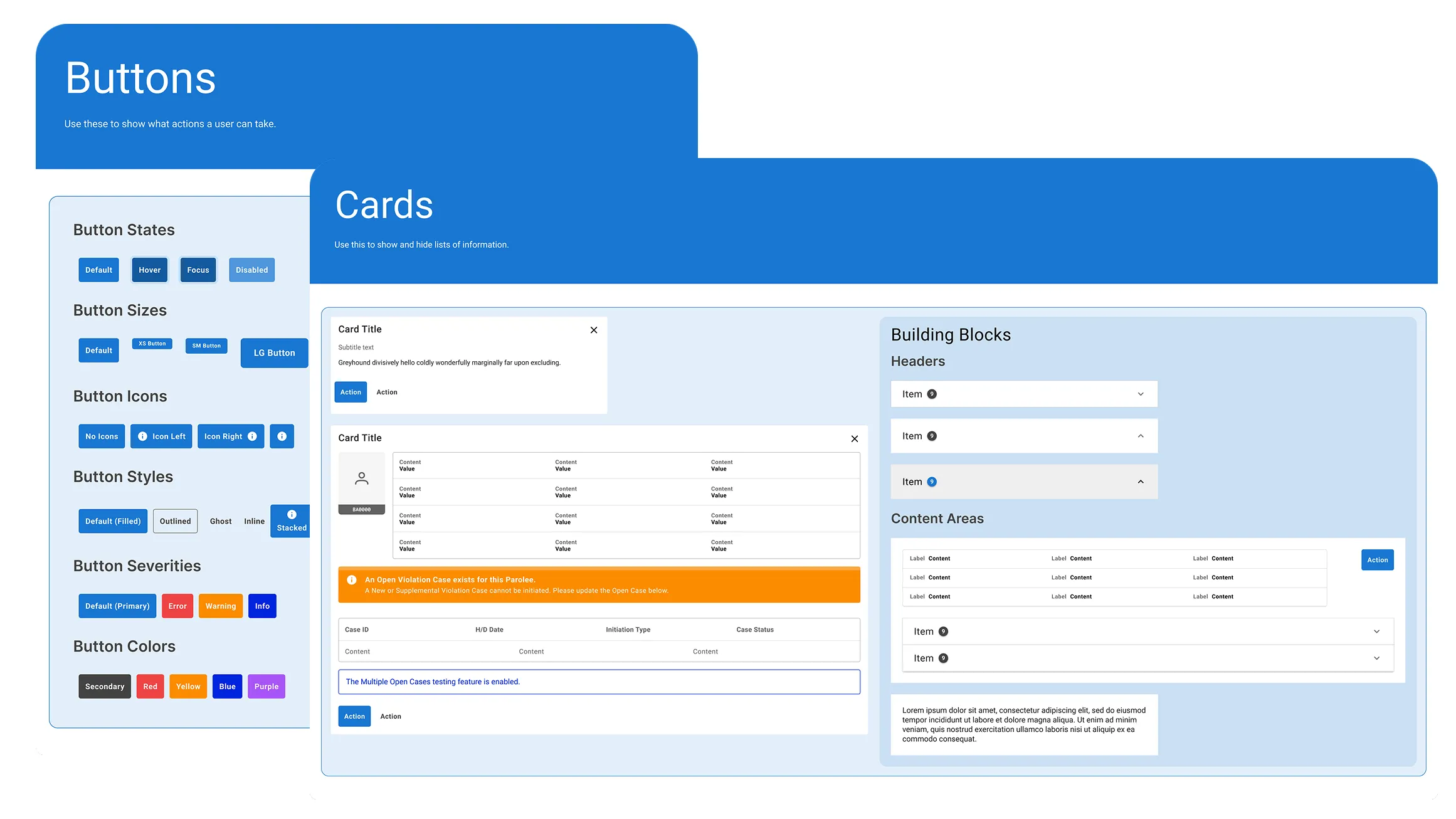 Sample documentation from the design system, complete with buliding blocks and instructions.